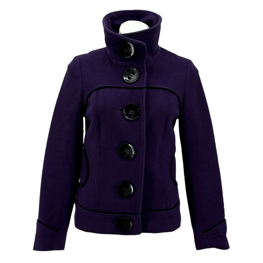 Soia & Kyo Women's Wool Jacket SZ S Peacoat Purple Button Up Funnel Neck Short - Picture 1 of 12